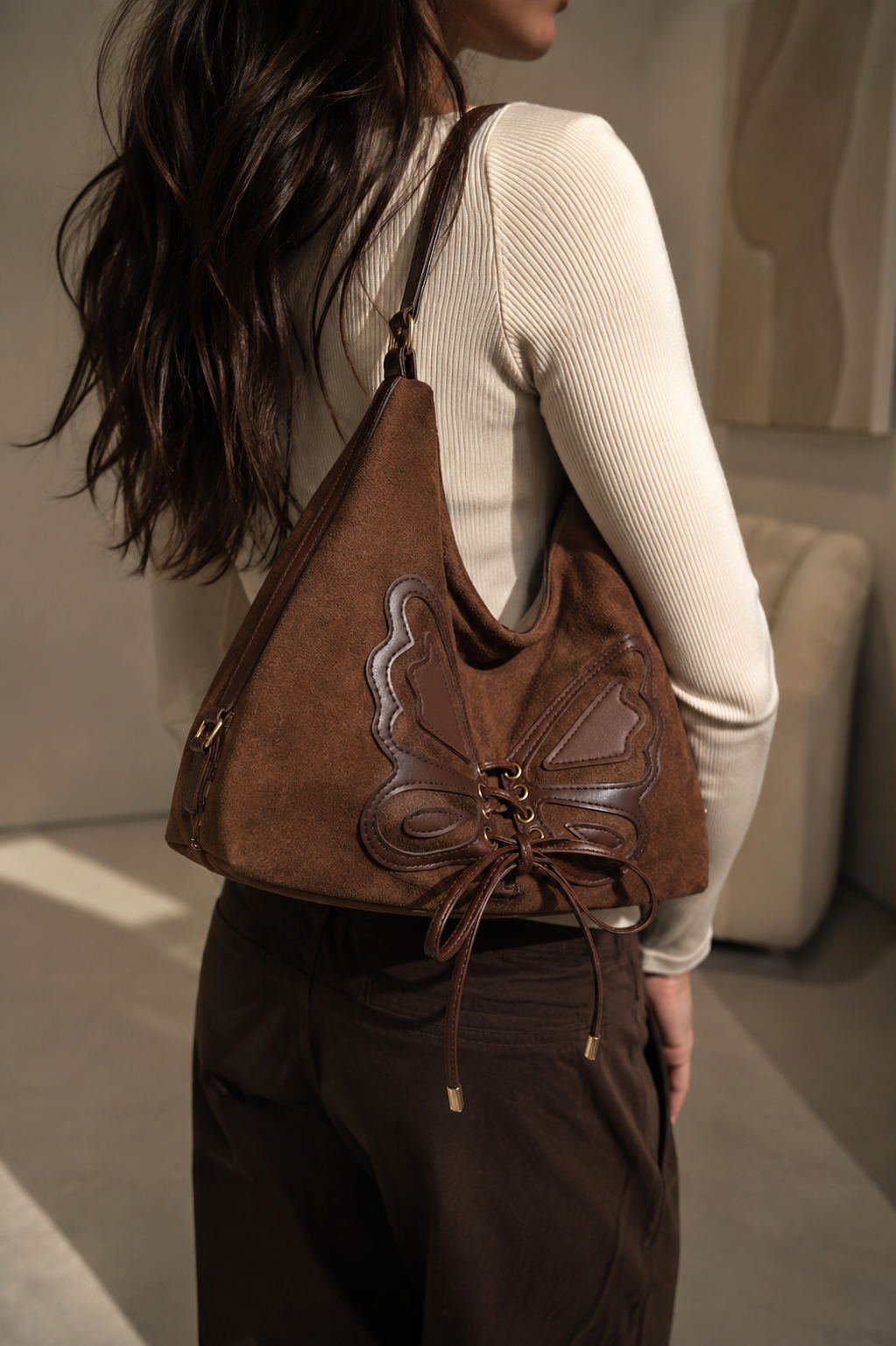 Butterfly Suede Lace-Up Shoulder Bag