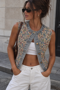 Floral Embroidered Sleeveless Denim Top