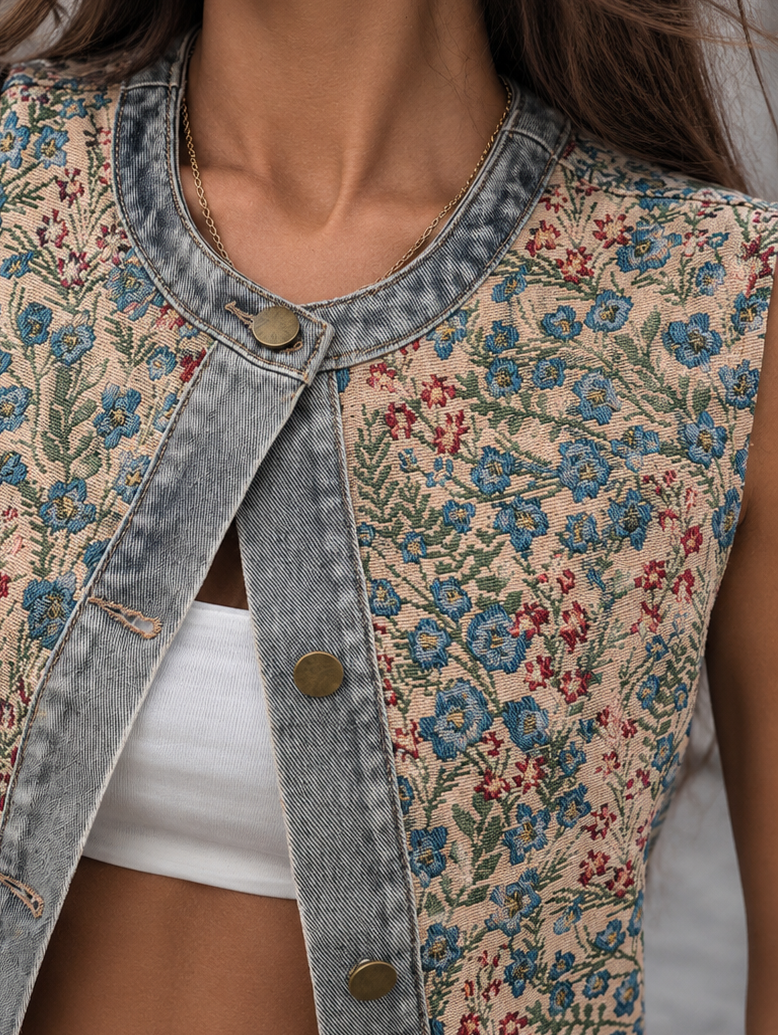 Floral Embroidered Sleeveless Denim Top