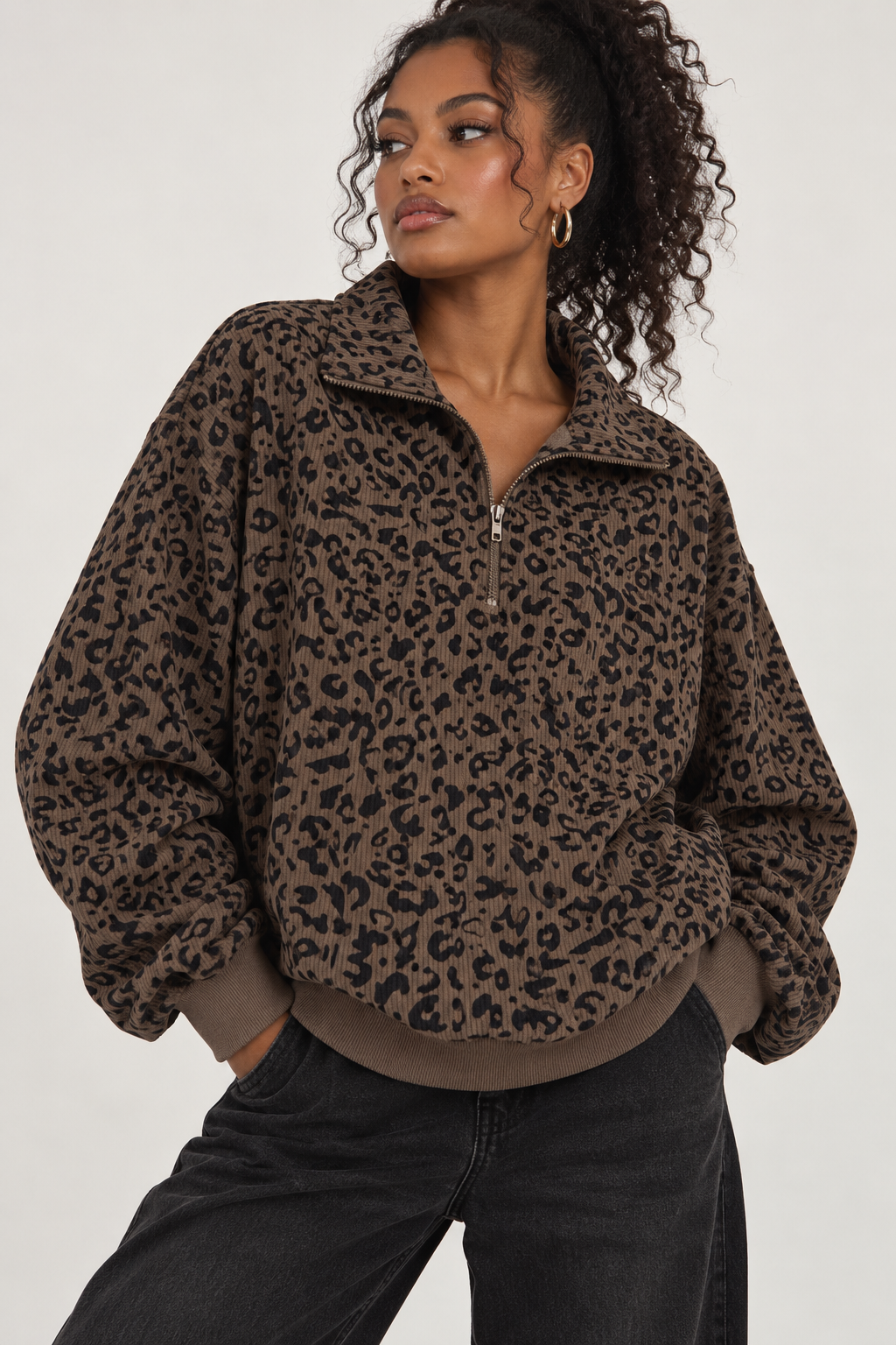 Leopard Print Quarter Zip Corduroy Sweatshirt
