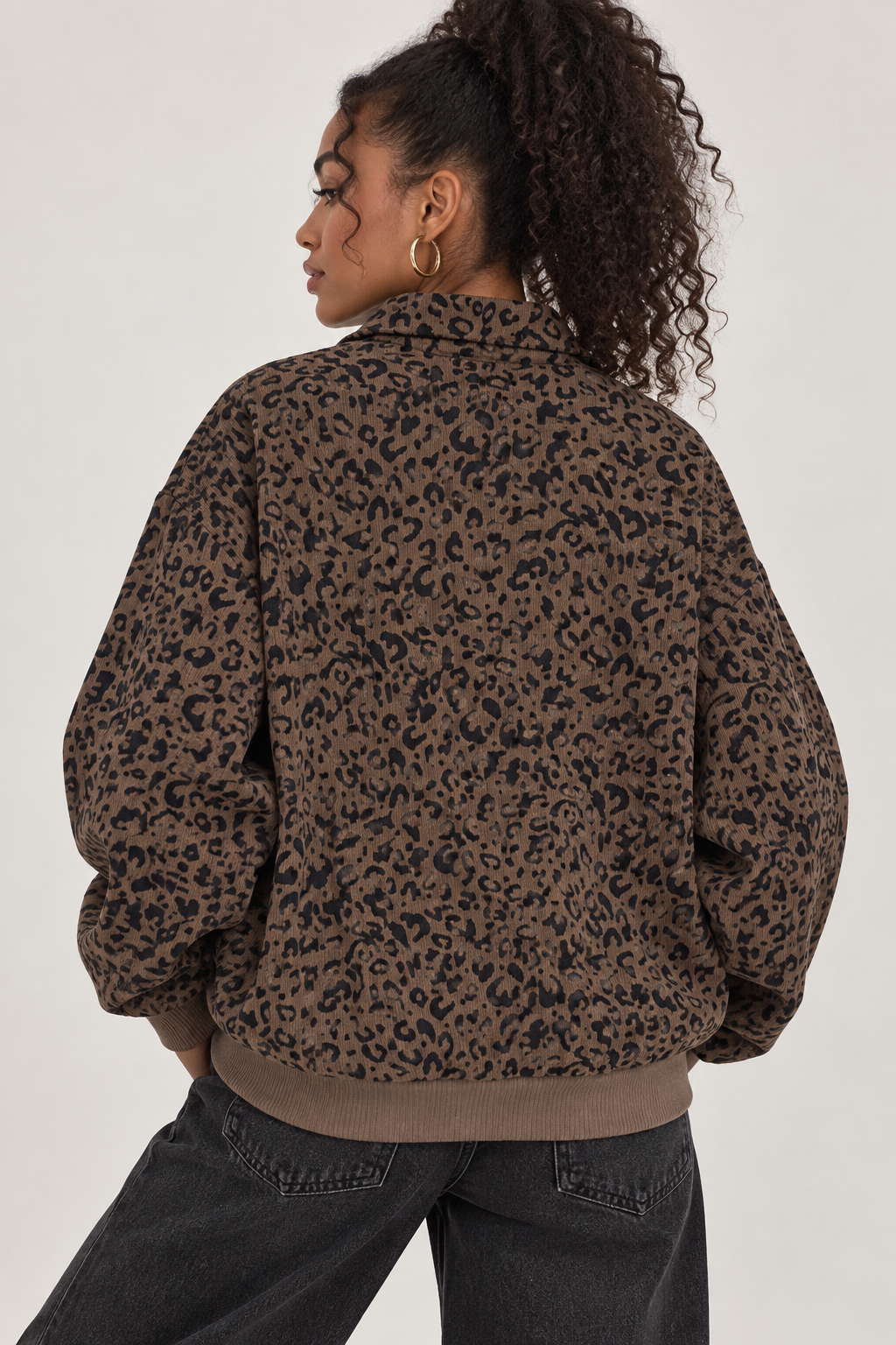 Leopard Print Quarter Zip Corduroy Sweatshirt