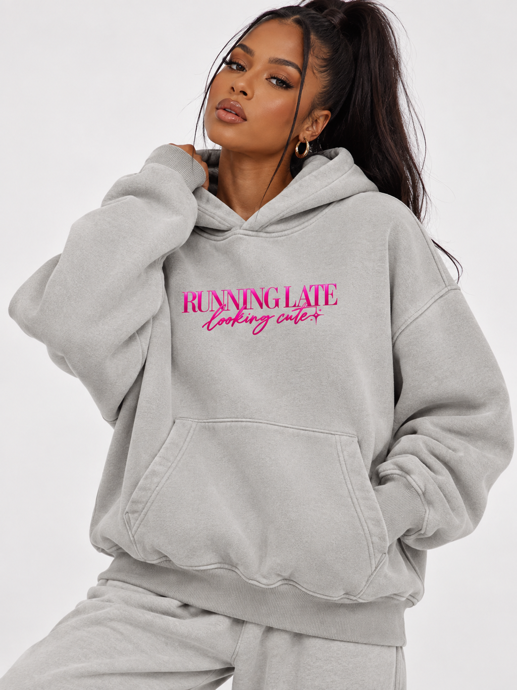 Running Late, Looking Cute Boxy Fleece Hoodie