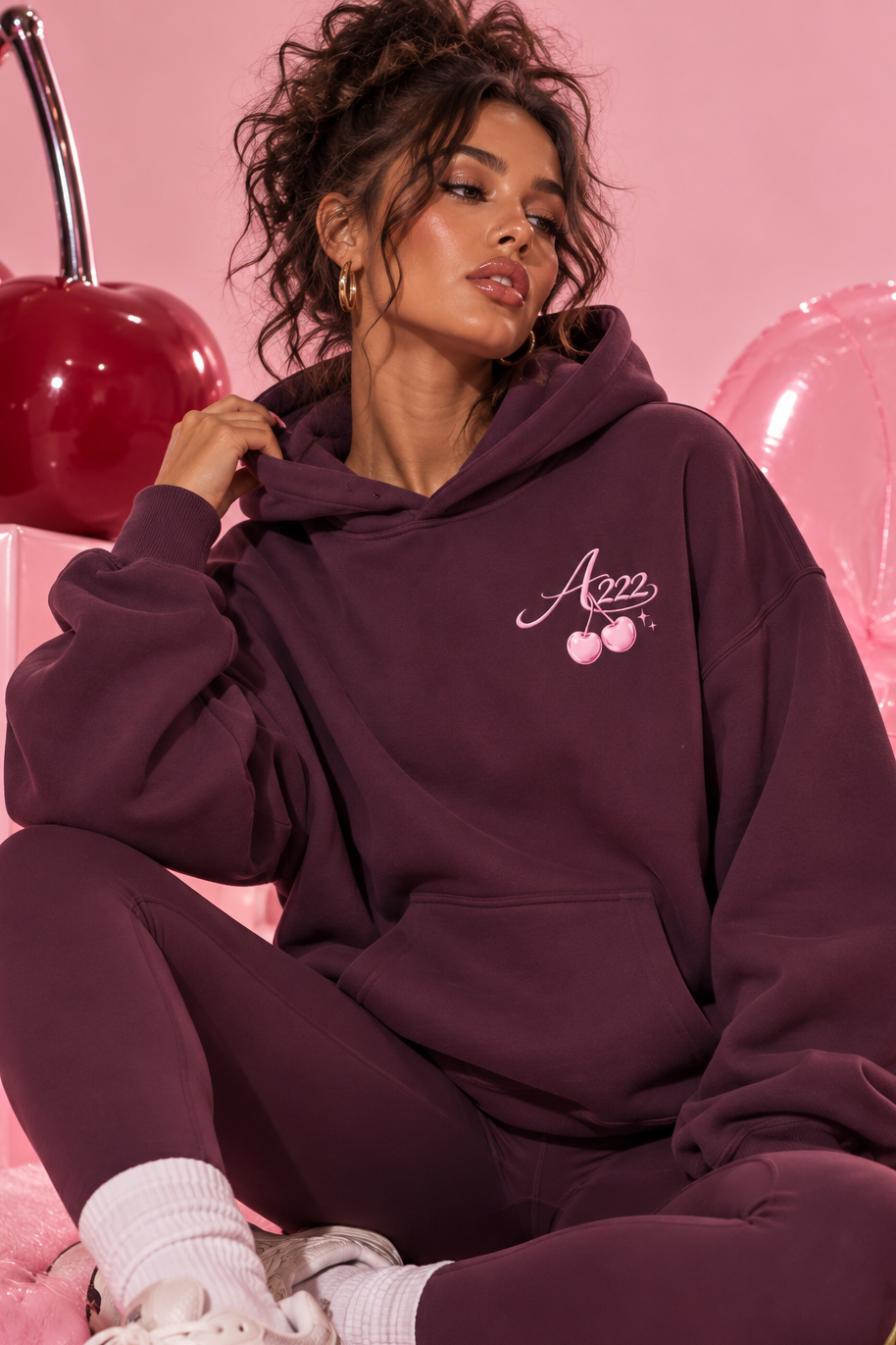 Pink Cherry Oversize Fleeced Hoodie